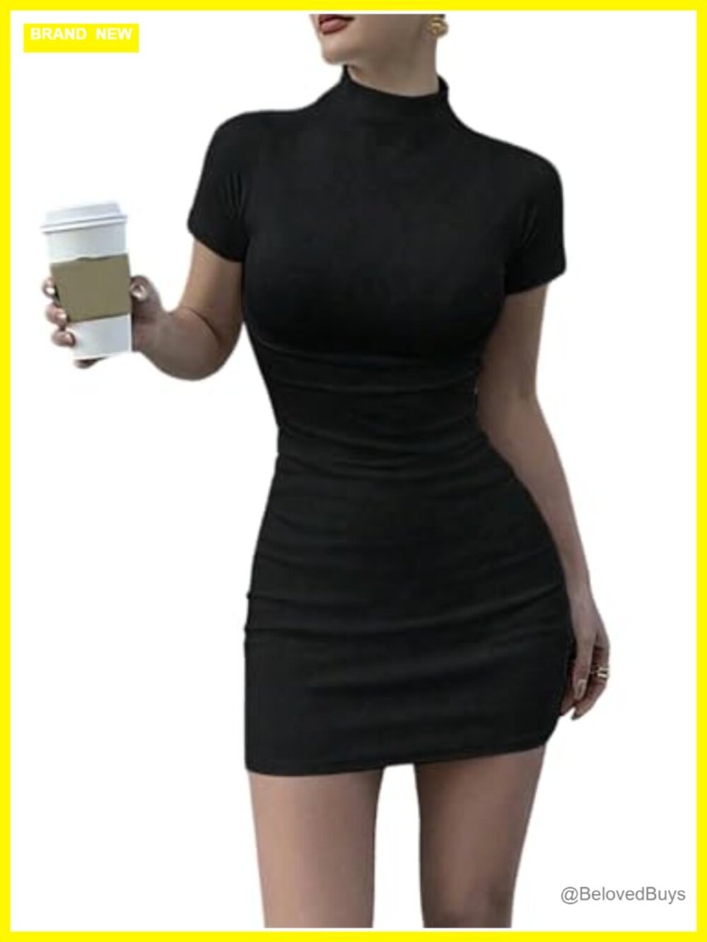 Mock Neck Bodycon Mini Dress Short Sleeve Ruched Slim Fit